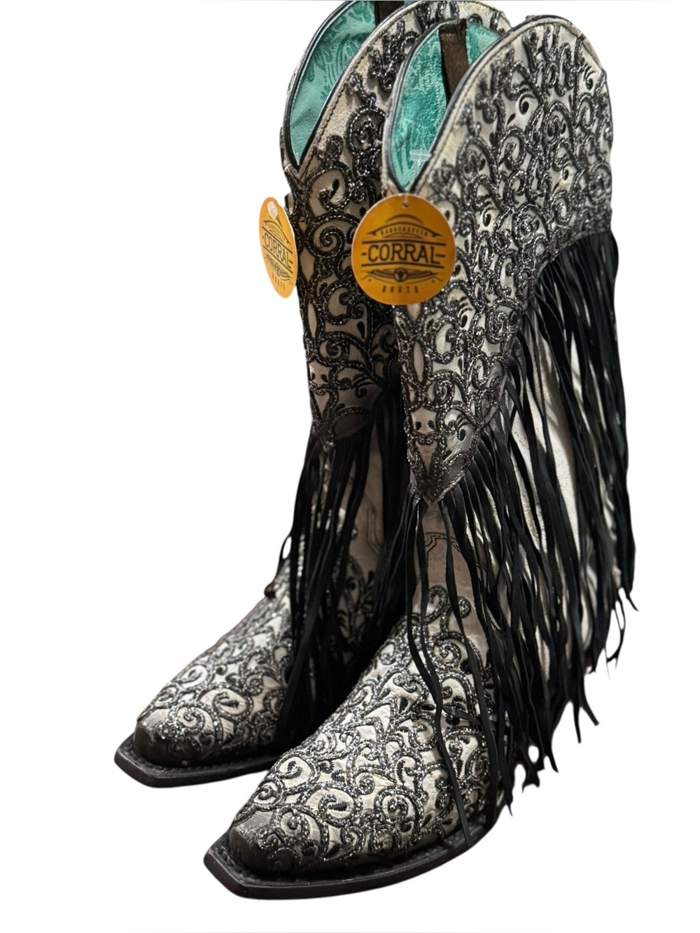 Corral Lamb Overlay Embroidery Fringe Boots Sz 7.5M NWT - Picture 2 of 16